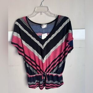 Lavish Black and Pink Striped V-Neck Blouse Size Small